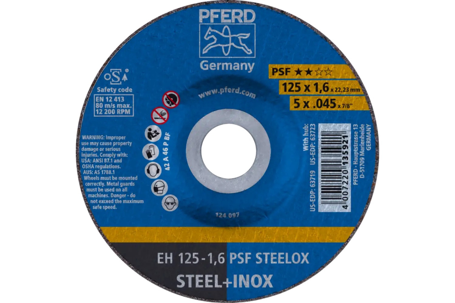 Picture of Pferd Cut-Off Wheel, 5" X .045 X 7/8, Psf Steelox, T27, Aluminum Oxide